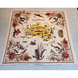 Large Vintage Australia Linen Map Aboriginal By Heil 36" x 34" Made in Poland